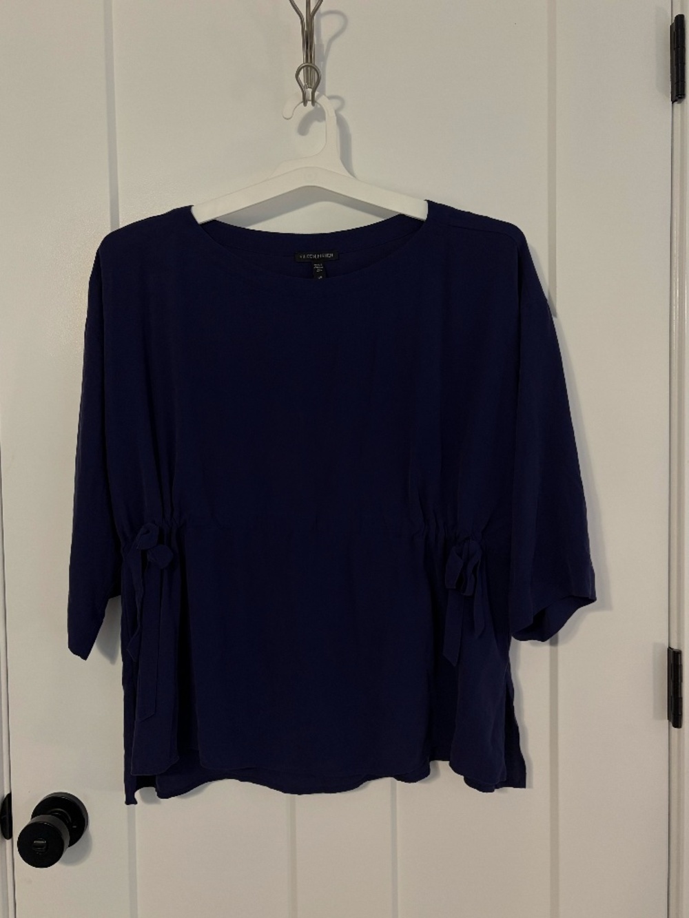 Eileen Fisher Woman’s 100% Silk Georgette Crepe Purple Top Blouse 3/4 Sleeve LG